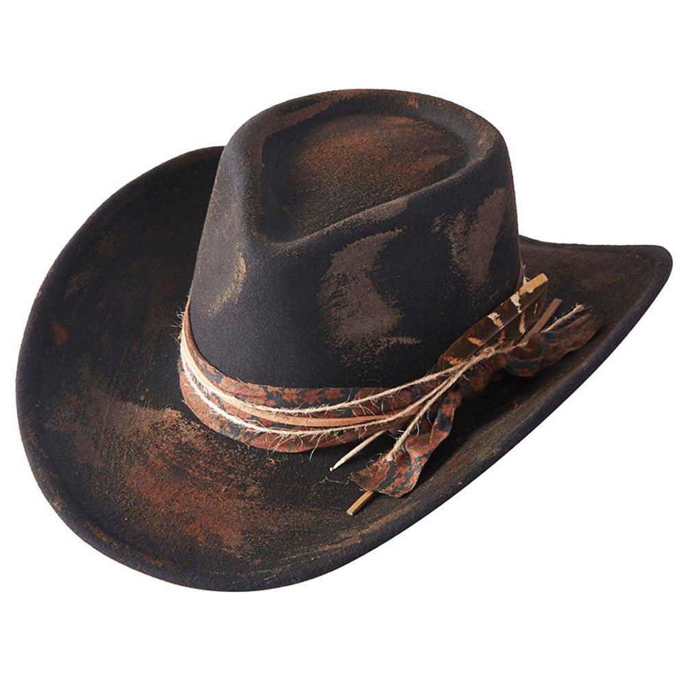 Vintage Feather Accent Distressed Fabric Band Rustic Cowgirl Western Fedora Hat