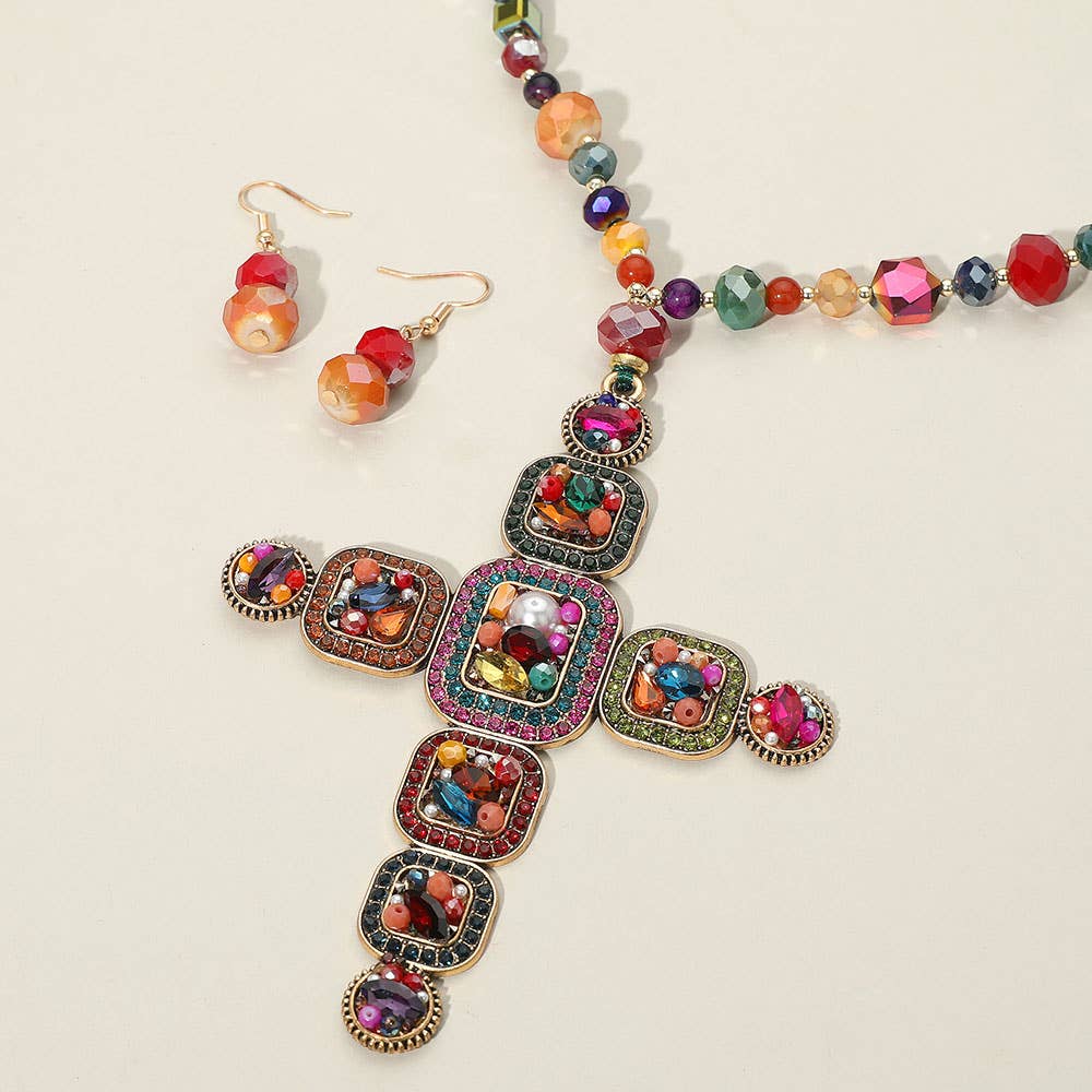 Beaded Cross Pendant Necklace & Earrings Set 37" Long Statement Jewelry