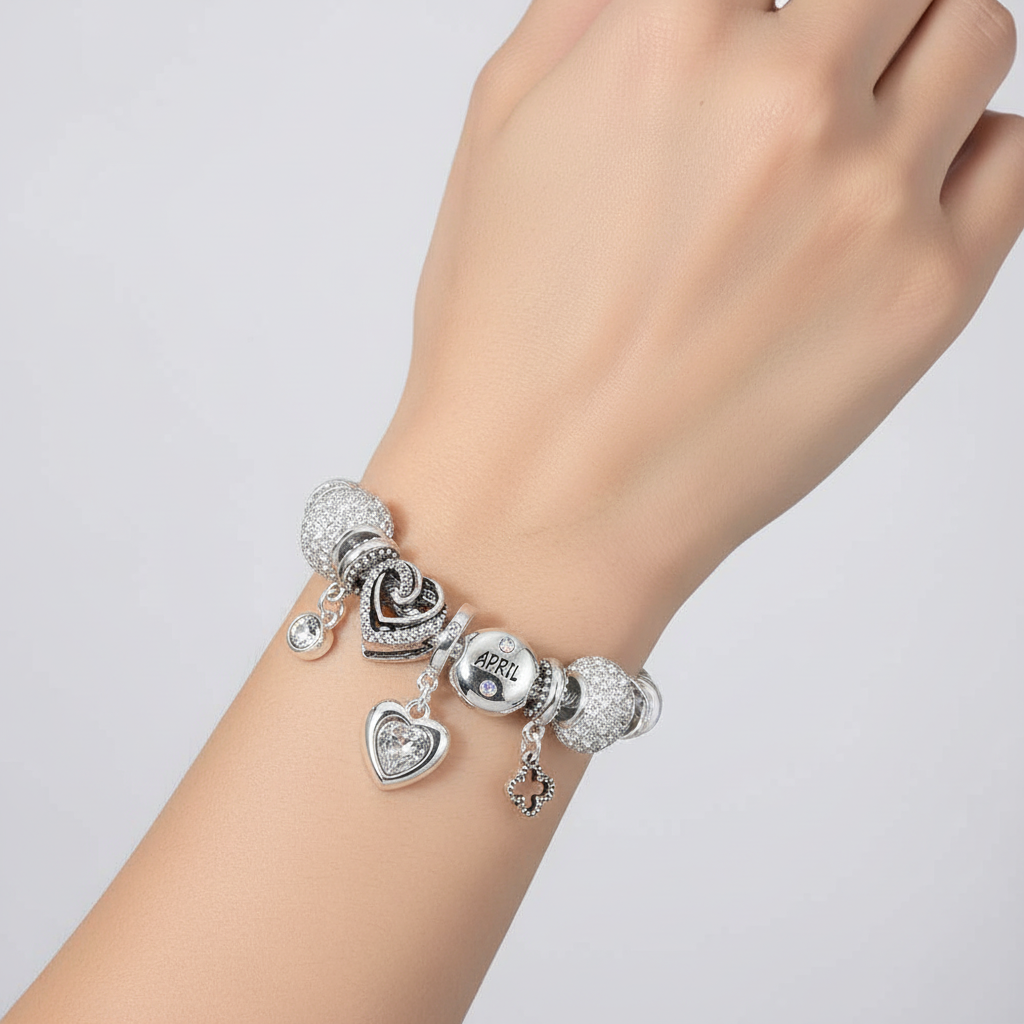 Birthstone Heart Charm Multi Beaded Bracelet