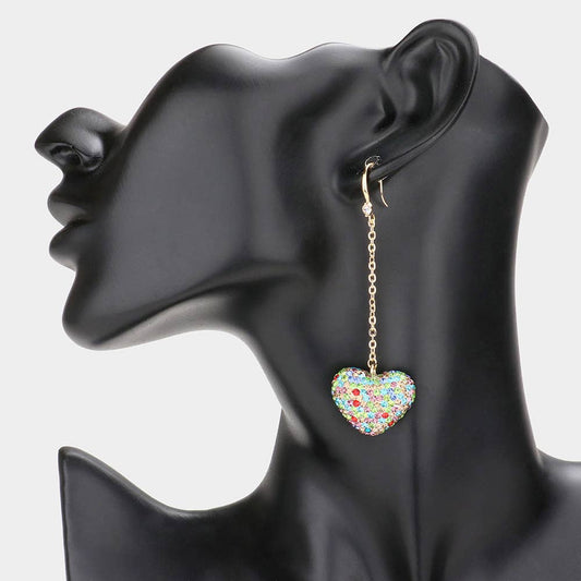 Multicolor Crystal Heart Dangle Earrings – Gold Chain Drop, 2" Fish Hook Closure