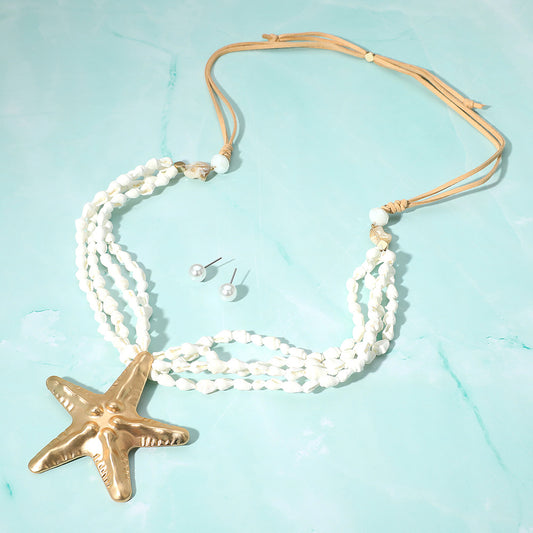 Boho Starfish Pendant Puka Shell Necklace & Pearl Stud Earrings Set – Adjustable 40"