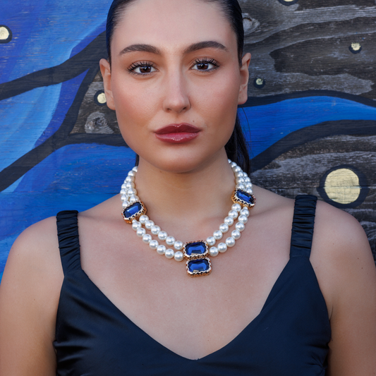 Ivory Pearl Double Strand Necklace with Sapphire Blue Crystal Accents – 14K Gold Plated Clasp (18" + 3" Extender)