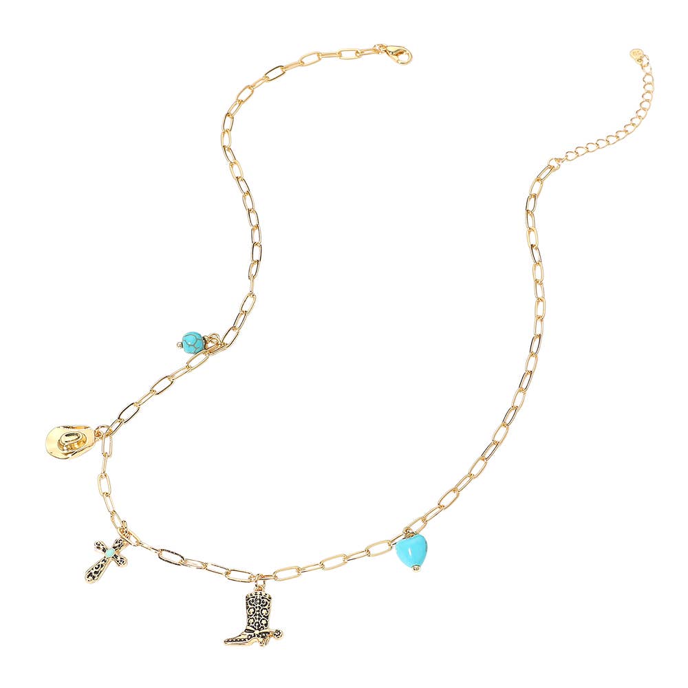 SECRET BOX 14K Gold Dipped Western Hat Boot Cross Turquoise Heart Stone Charm Station Paperclip Chain Necklace