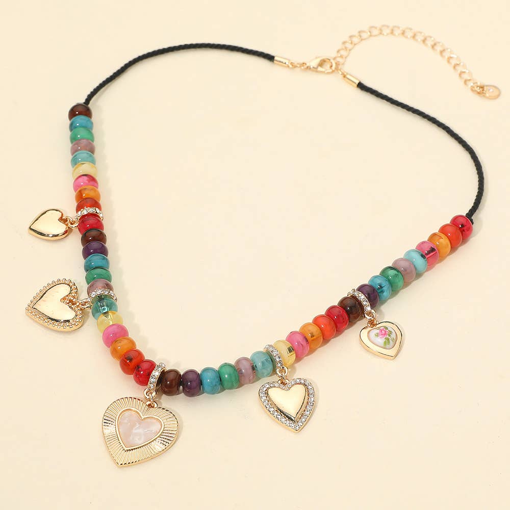 Heart Charm Resin Colorful Beaded Statement Necklace
