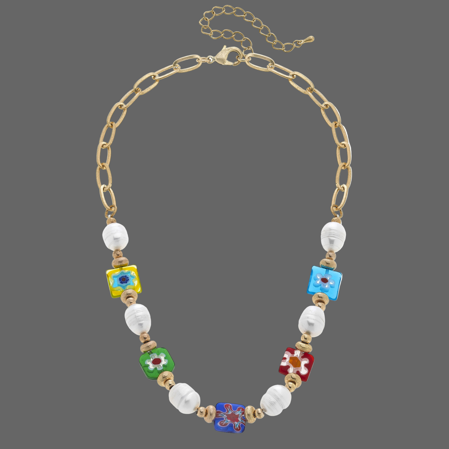Millefiori Glass & Freshwater Pearl Paper Clip Chain Neck