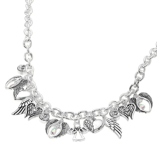 Angel Wing Heart Stone Charm Chain Necklace