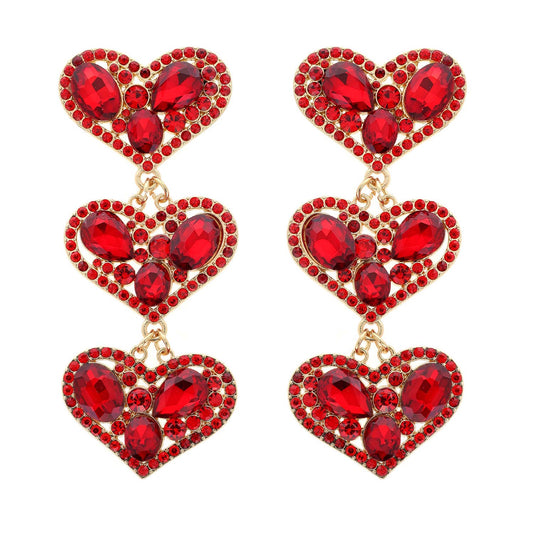 Rhinestone Embellished Triple Heart Dangle Earrings
