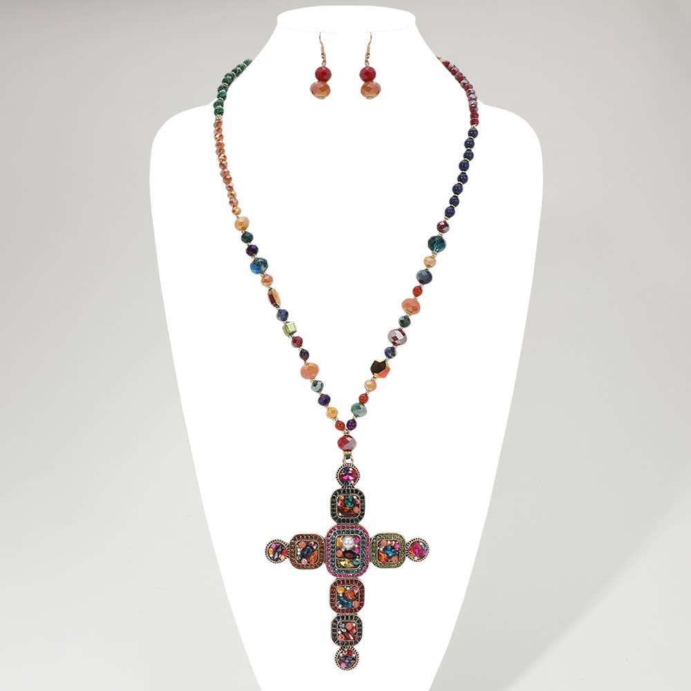 Beaded Cross Pendant Necklace & Earrings Set 37" Long Statement Jewelry