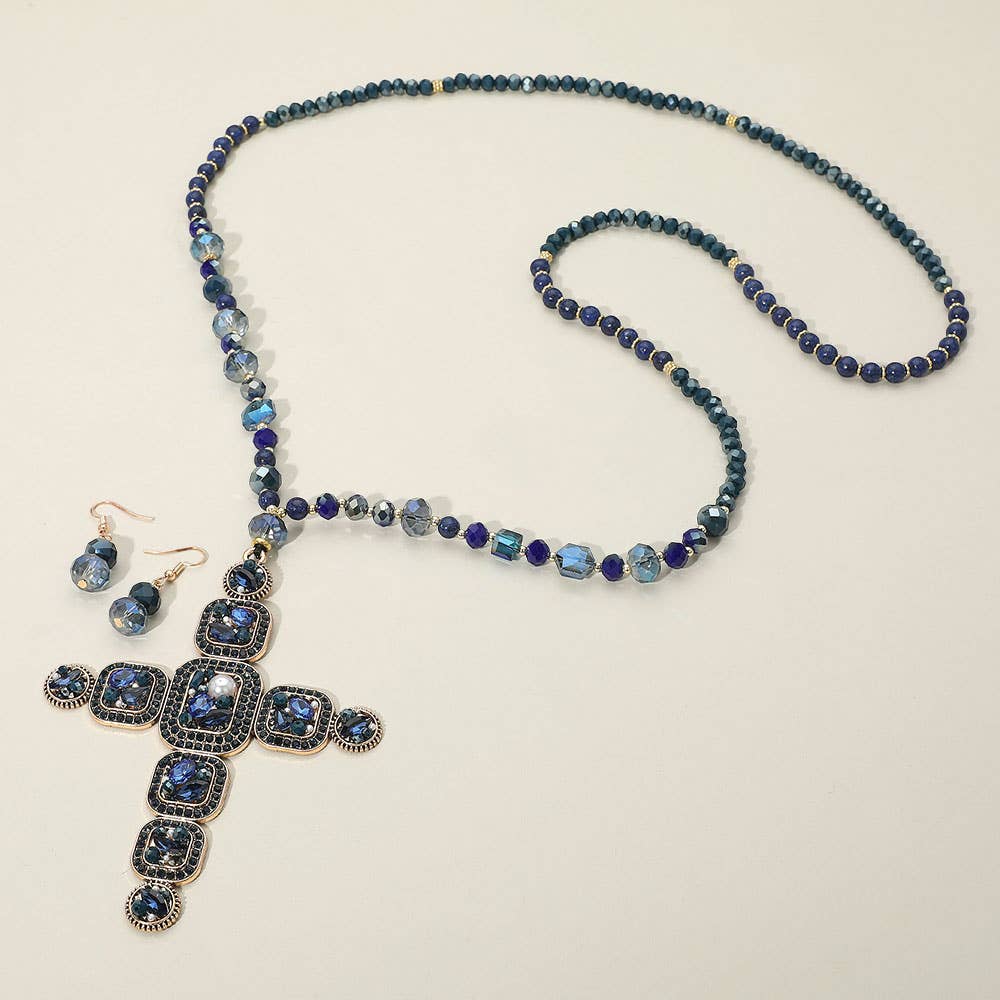Beaded Cross Pendant Necklace & Earrings Set 37" Long Statement Jewelry