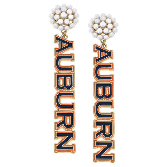 Auburn Enamel Pearl Cluster Drop Earrings in Orange and Blue