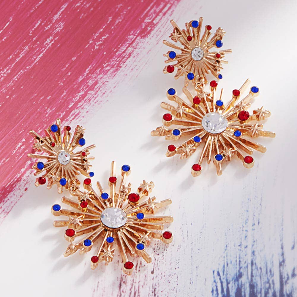 Rhinestone Paved American USA Flag Theme Starbursts Earrings