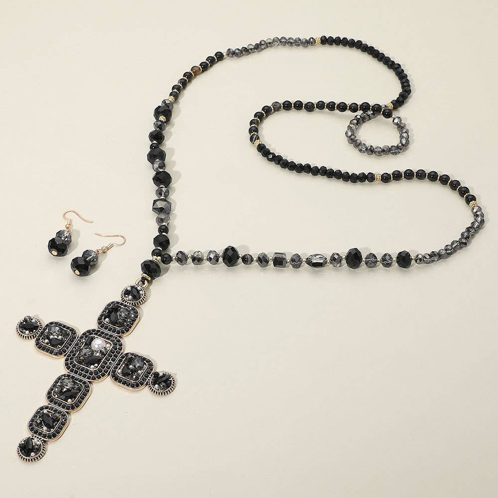 Beaded Cross Pendant Necklace & Earrings Set 37" Long Statement Jewelry