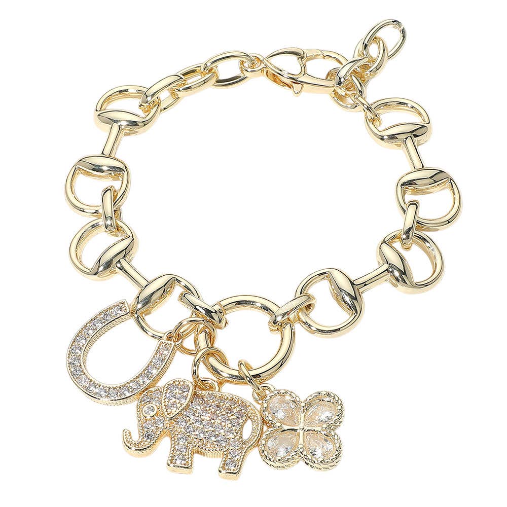 Gold Dipped Charm Bracelet CZ Elephant Clover Horseshoe Adjustable 7.25"