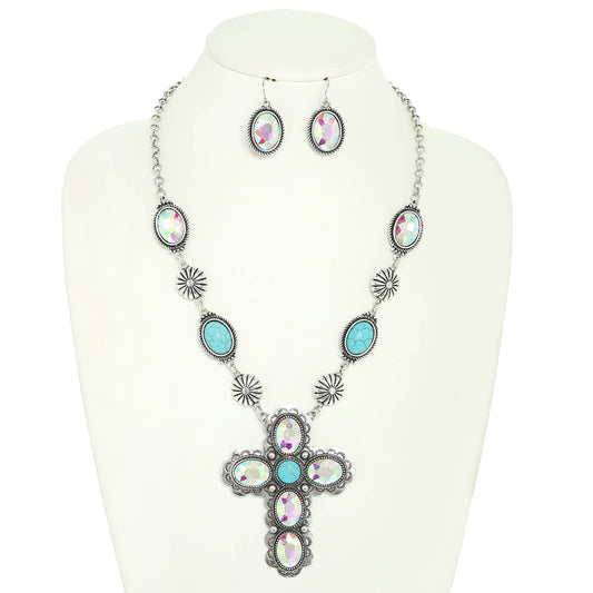 Western Crystal Turquoise Cross Necklace Set