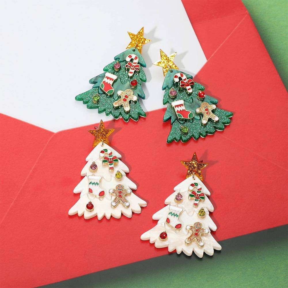 Festive Christmas Tree Earrings Holiday Jewelry Gingerbread Candy Cane Stocking โ Resin 1.75" x 2.6" Post Back