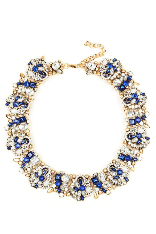 Gold Tone CZ Crystal Statement Necklace Blue Clear Rhinestone Collar Lobster Clasp