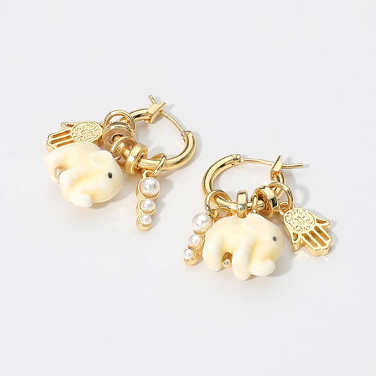 SECRET BOX NY 14K Gold Dipped Ceramic Elephant & Hamsa Charm Hoop Earrings