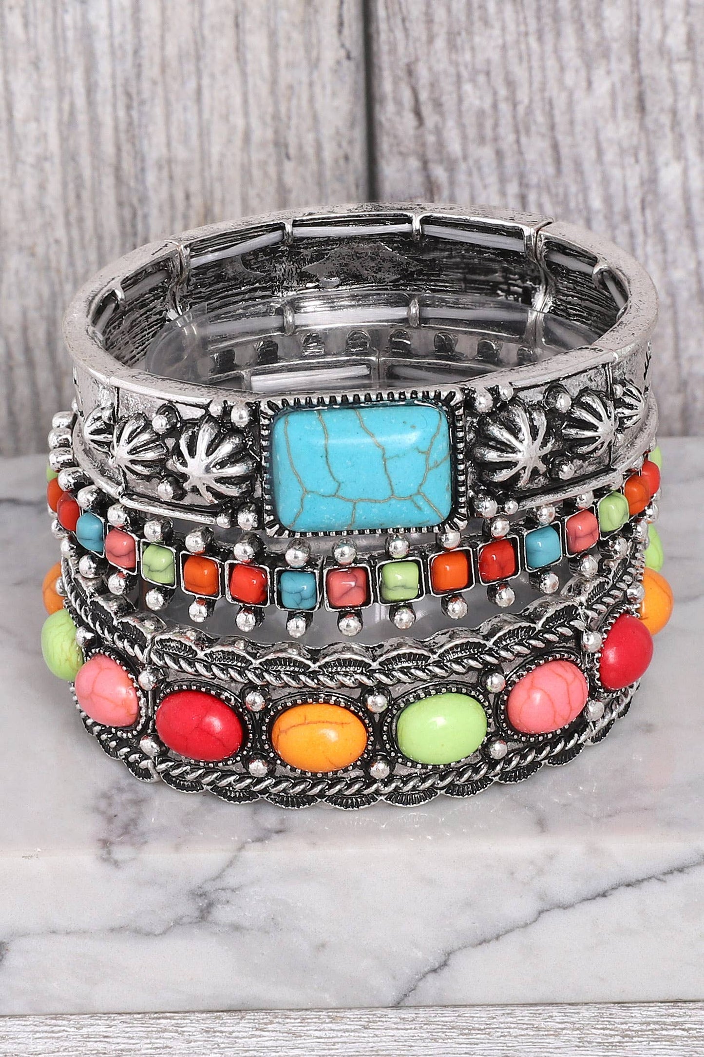 Multicolor Semi Stone Embellished Wide Bangle Bracelet