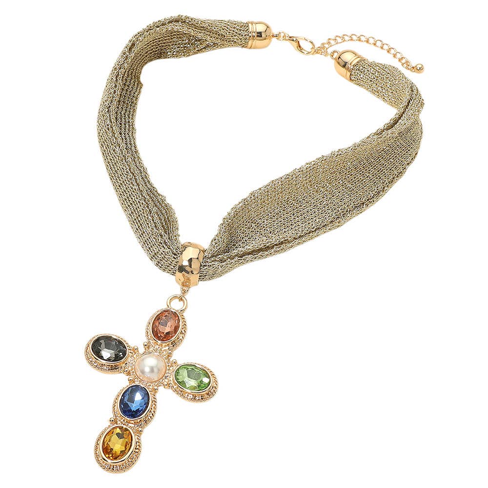 Pearl Center Oval Stone Embellished Cross Pendant Accent Mesh Chain Statement Necklace