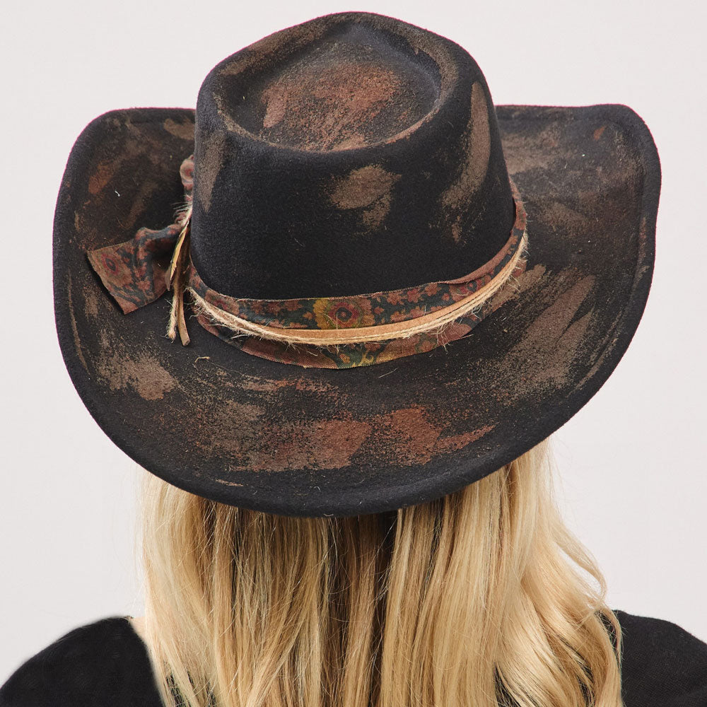 Vintage Feather Accent Distressed Fabric Band Rustic Cowgirl Western Fedora Hat
