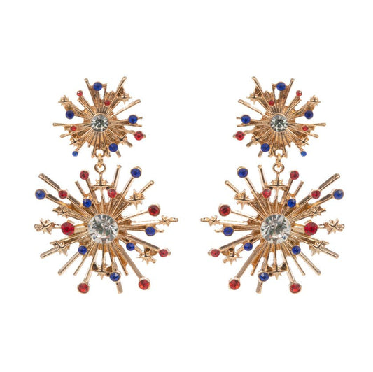 Rhinestone Paved American USA Flag Theme Starbursts Earrings