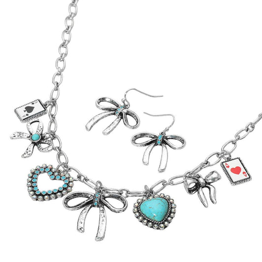 Whimsical Western Heart Bow Card Charm Station Necklace