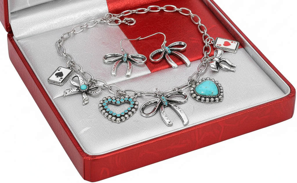 Whimsical Western Heart Bow Card Charm Station Necklace