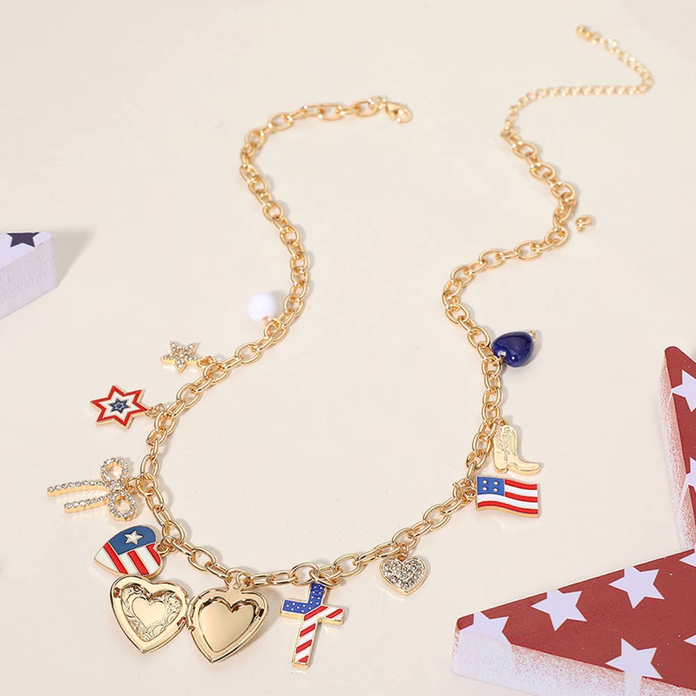 Enamel American USA Flag Heart Cross Star Bow Charm Necklace