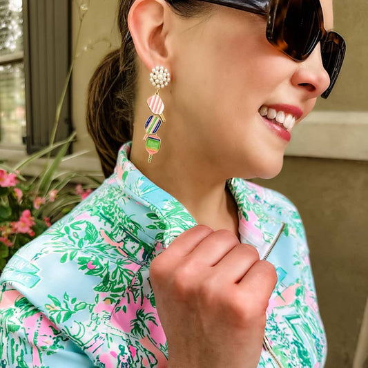Pickleball Triple Linked Pearl Cluster Earrings