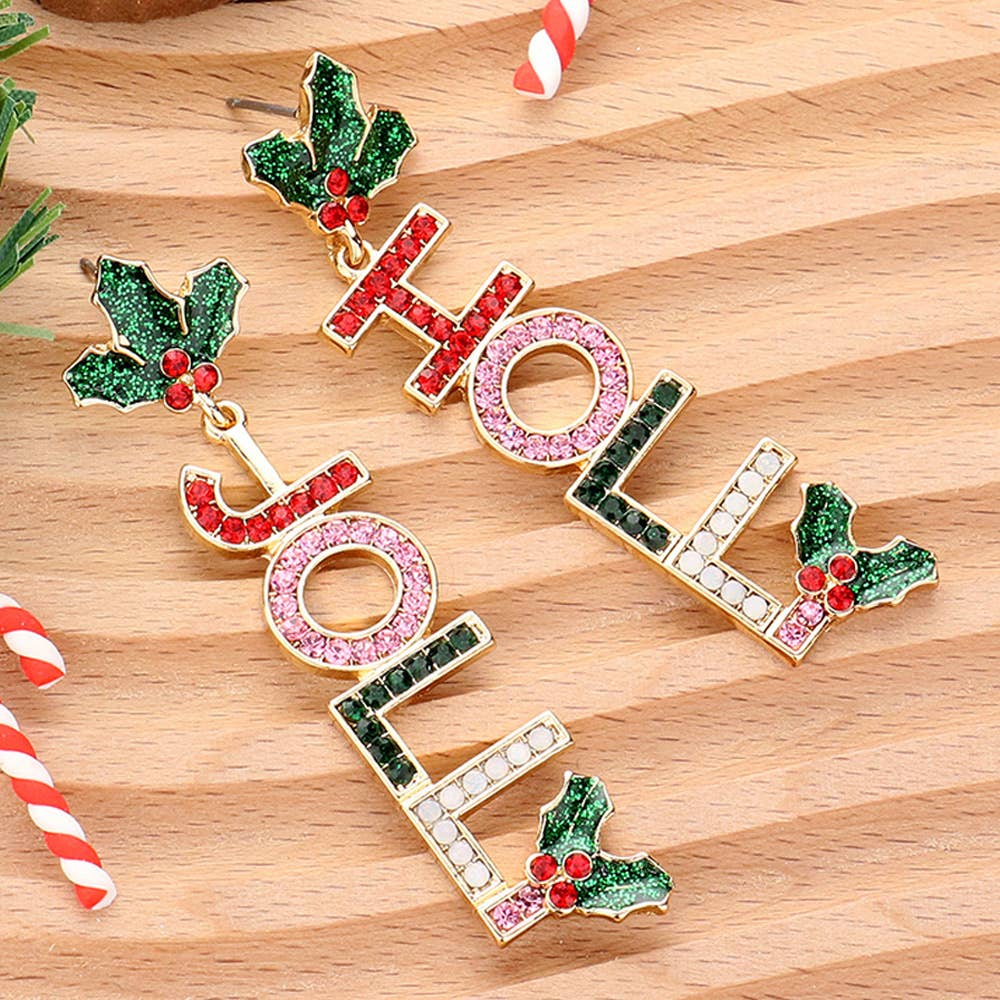 Festive Holly Jolly Message Dangle Earrings – Pave Crystal Holiday Christmas Jewelry, 2.75” Long