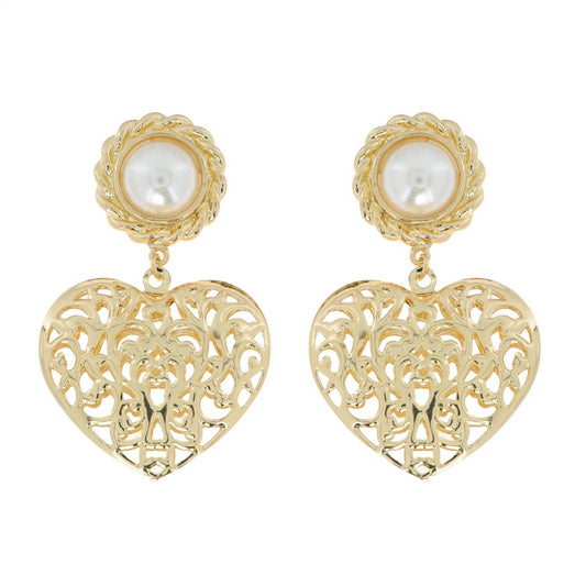 2-Tier Filigree Heart Shaped Pearl Drop Earrings