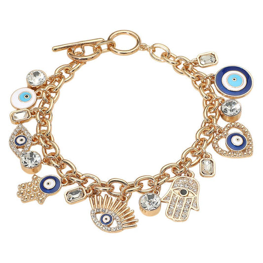 Gold Evil Eye & Hamsa Hand Charm Bracelet | Enamel Crystal Accents | Protective Symbol Jewelry