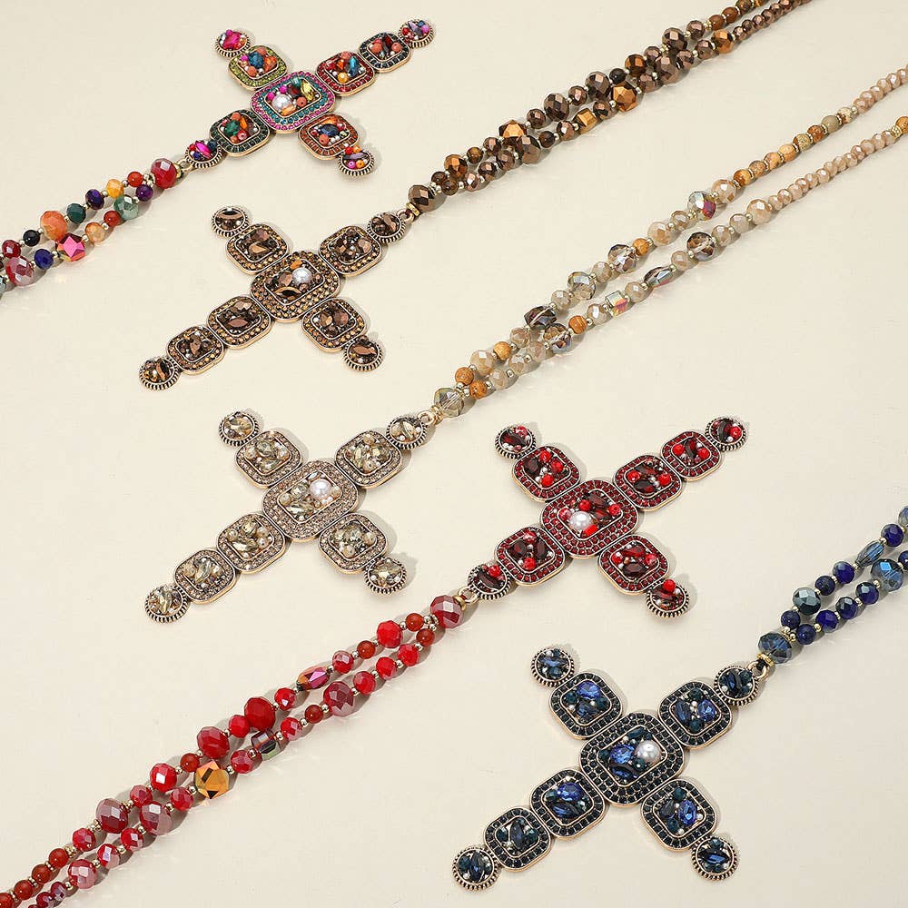 Beaded Cross Pendant Necklace & Earrings Set 37" Long Statement Jewelry