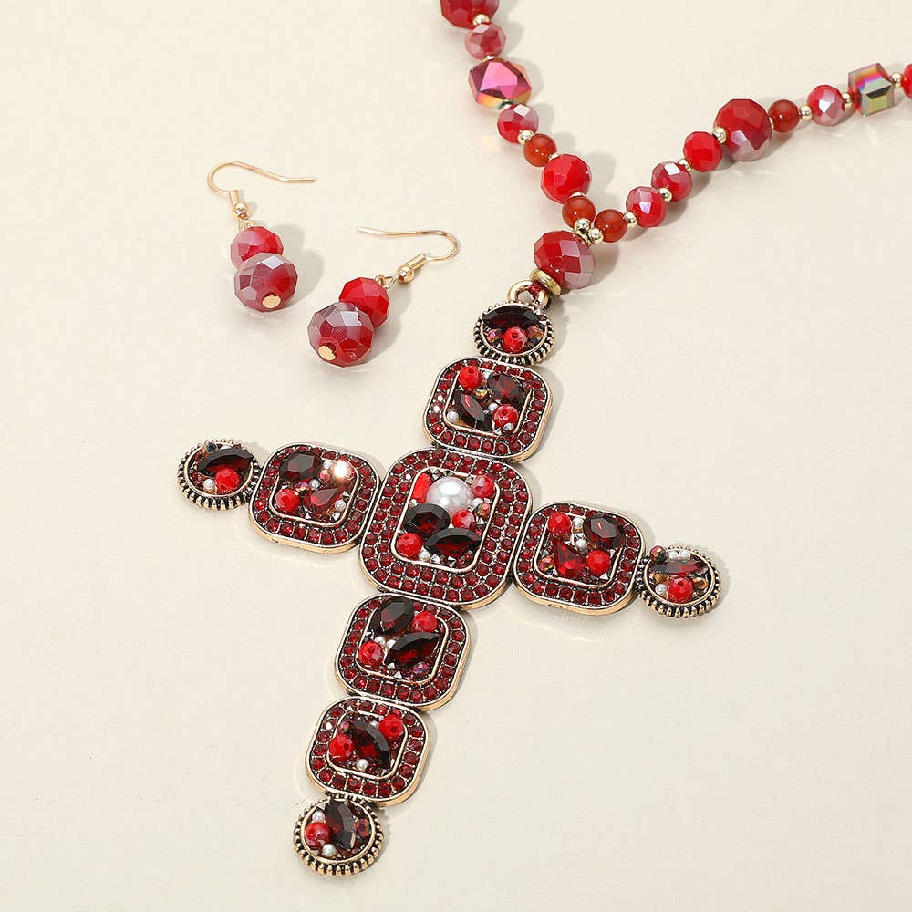 Beaded Cross Pendant Necklace & Earrings Set 37" Long Statement Jewelry