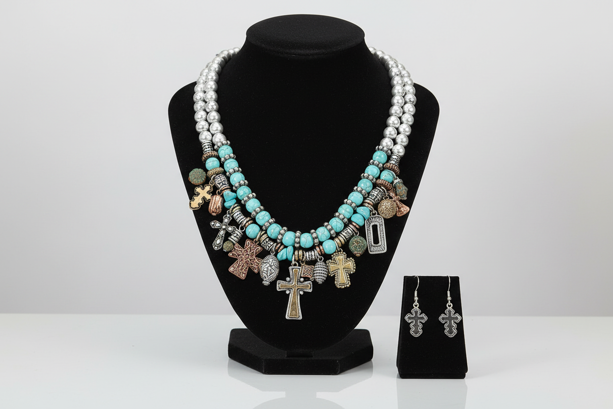 Turquoise beaded necklace with cross and bead charms and earrings on a black mannequin bust.
