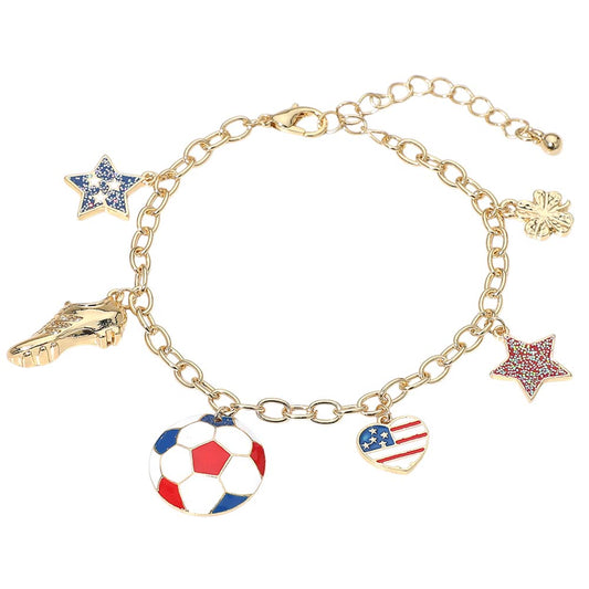 USA Soccer Ball Shoe Star Charm Station Bracelet