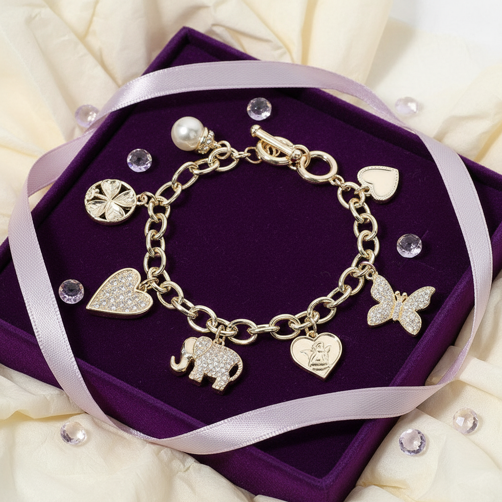 14K Gold Plated CZ Stone Paved Elephant Heart Butterfly Heart Clover Pearl Charm Station Bracelet