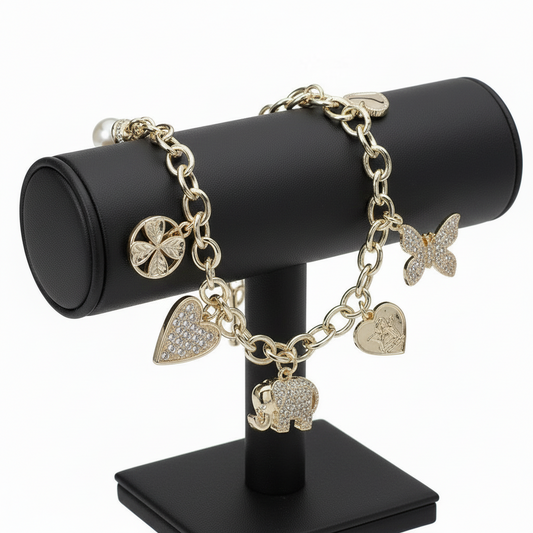 14K Gold Plated CZ Stone Paved Elephant Heart Butterfly Heart Clover Pearl Charm Station Bracelet