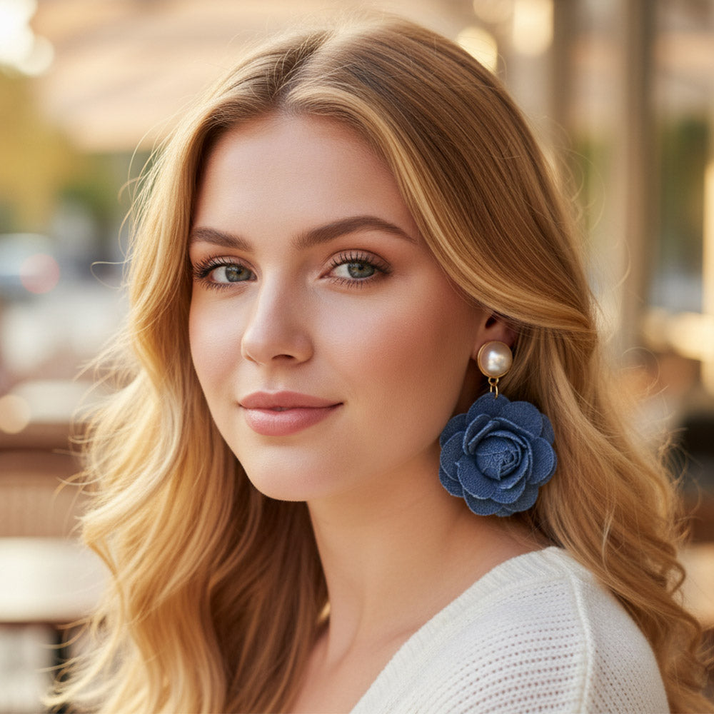 Pearl Stud Accent Denim Fabric Flower Dangle Earrings