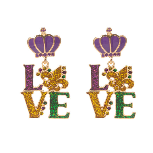 Glittered Enamel Mardi Gras LOVE Message Dangle Earrings