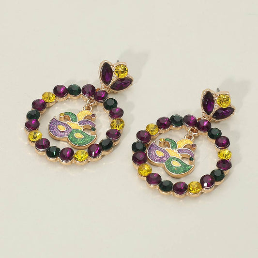 Mardi Gras Hoop Earrings Mask Charm Purple Green Gold