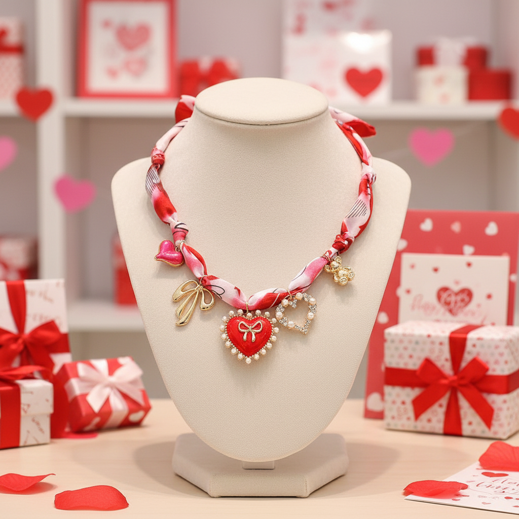 Heart Bow Teddy Bear Charm Valentine Fabric Scarf Necklace