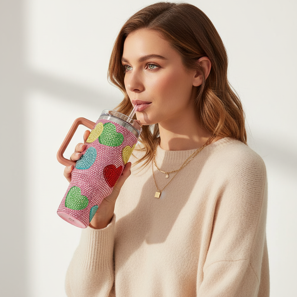 Bling Studded Heart Pattern 40oz Stainless Steel Tumbler with Handle