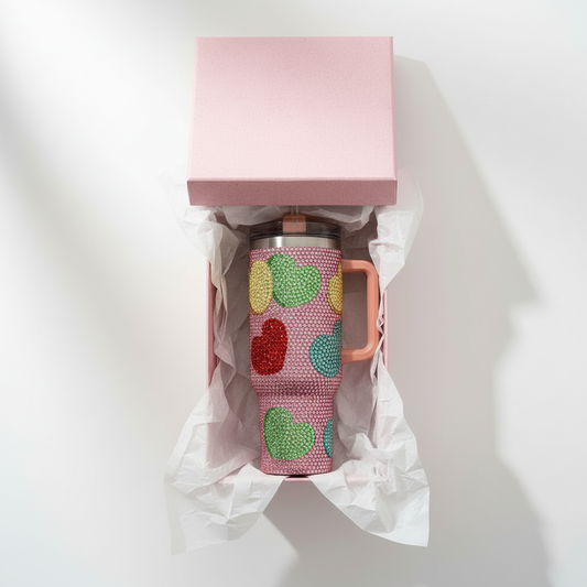 Bling Studded Heart Pattern 40oz Stainless Steel Tumbler with Handle