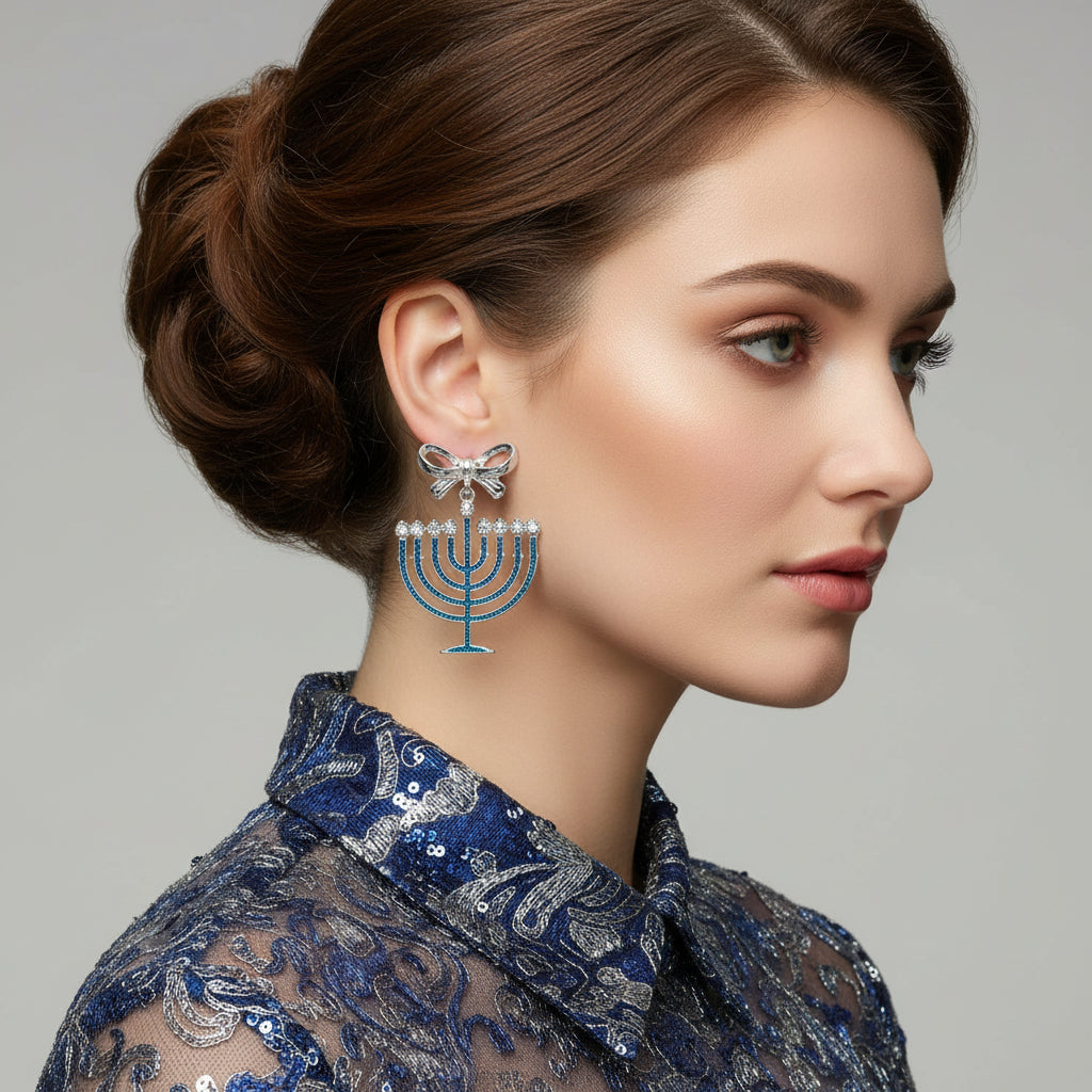 Menorah Hanukah Drop Silver tone Earrings on a woman with updo hair style.