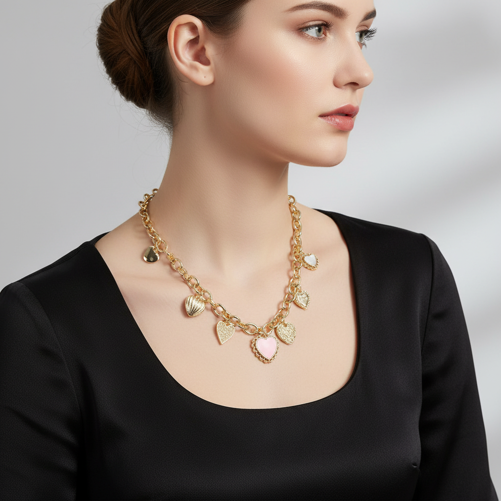 Gold CZ necklace with heart-shaped charms.