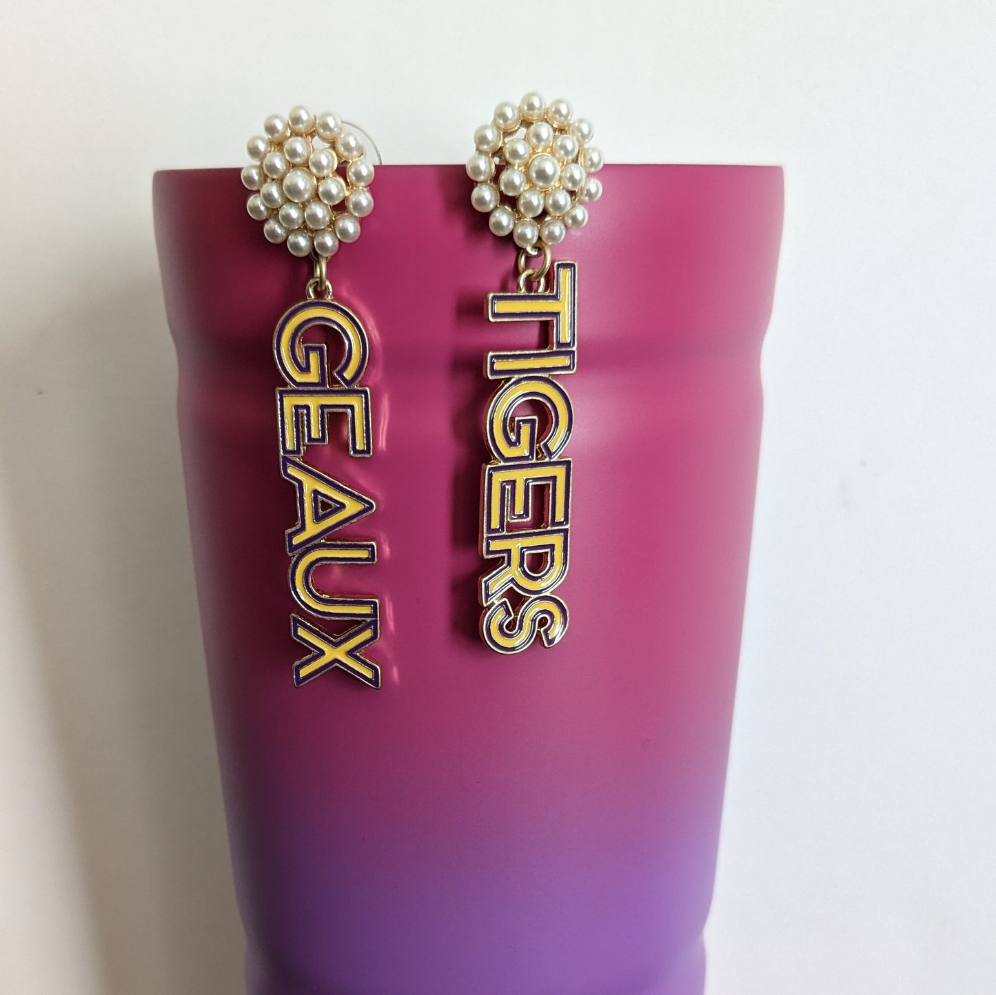 LSU "Geaux Tigers" Pearl Cluster Outline Enamel Drop Earrings
