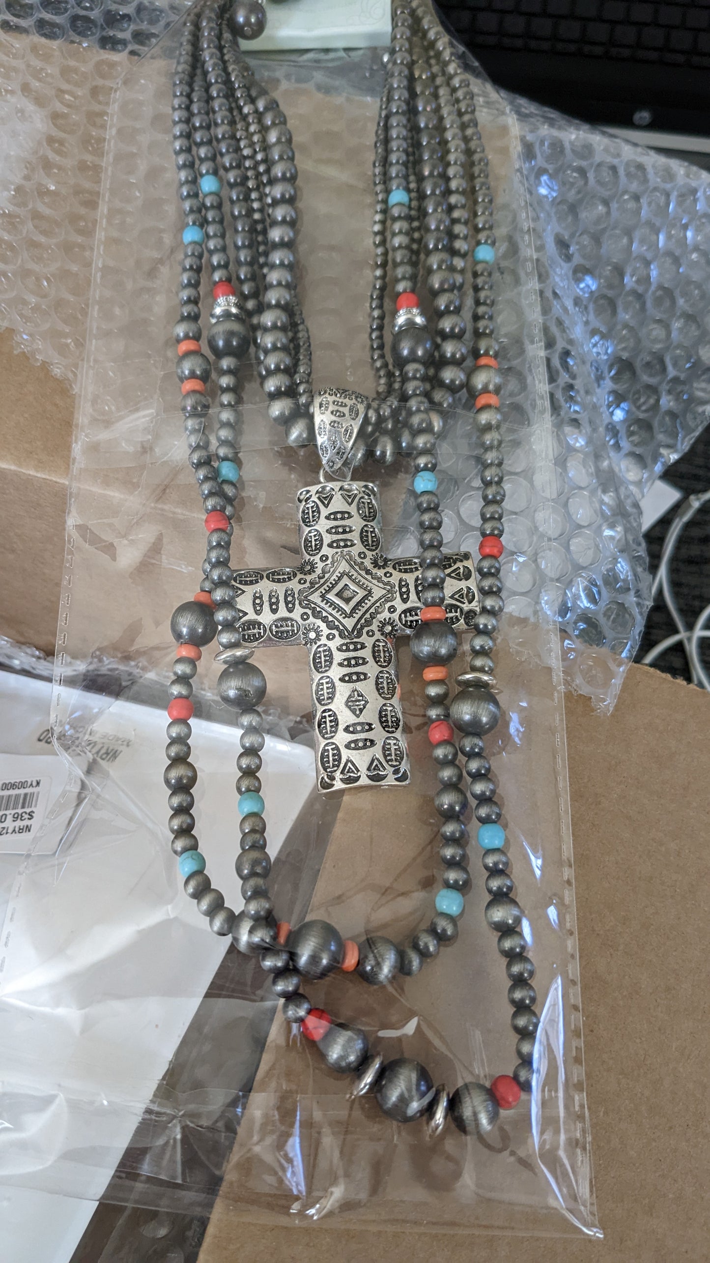 Multi Layered Navajo Pearl Beaded Cross Pendant Necklace