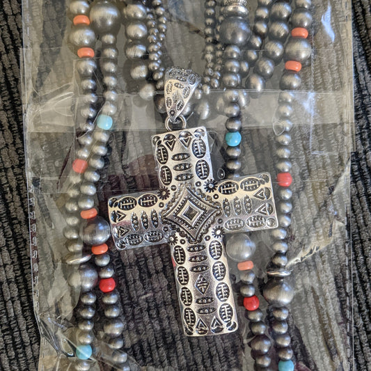 Multi Layered Navajo Pearl Beaded Cross Pendant Necklace