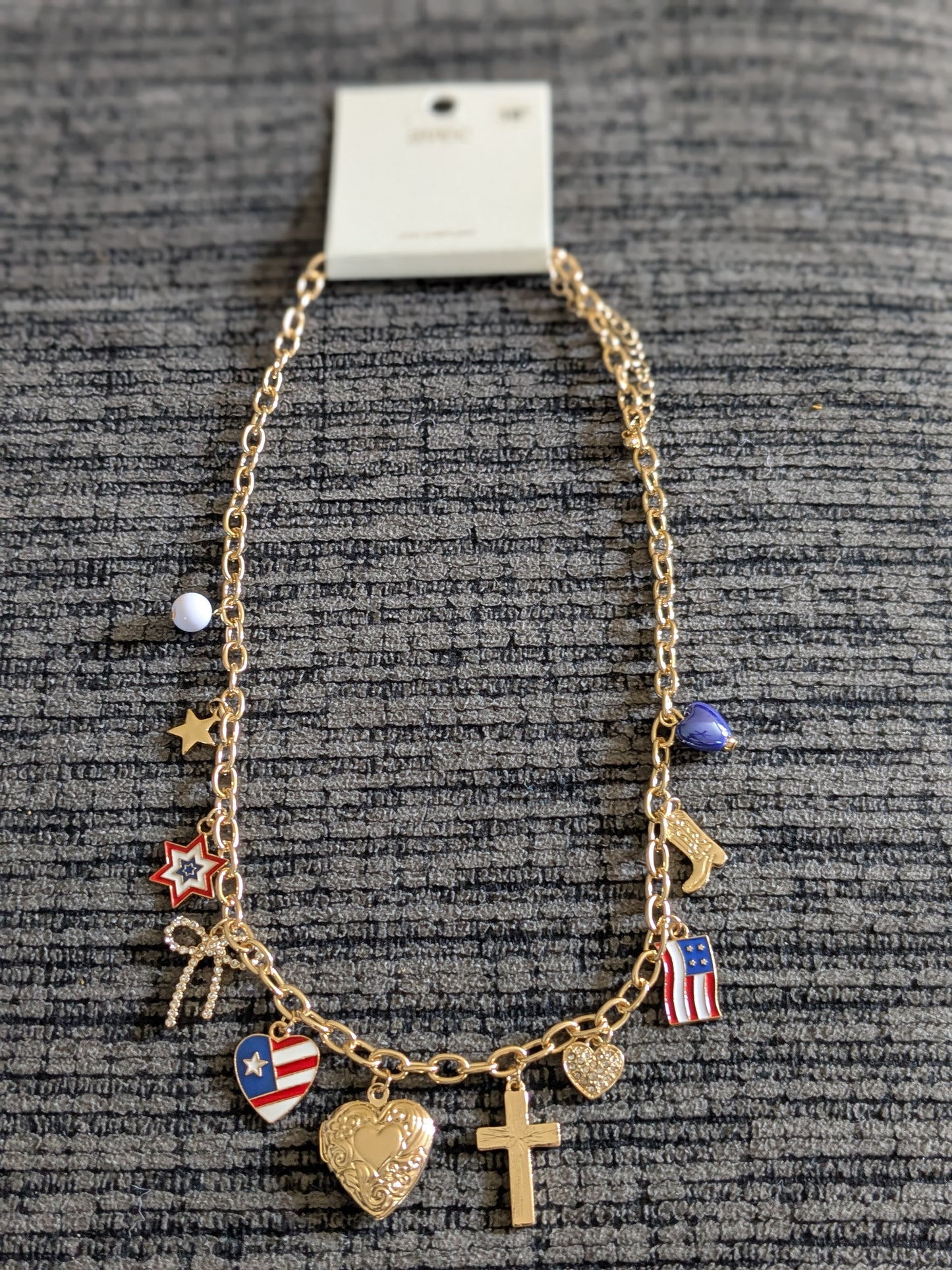 Enamel American USA Flag Heart Cross Star Bow Charm Necklace